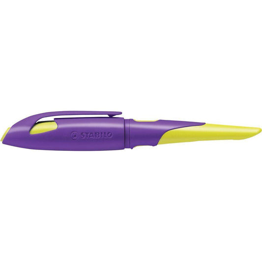 Ergonomischer Schulfüller für Rechtshänder mit Anfänger-Feder A - STABILO EASYbirdy in violett/gelb - Einzelstift - inklusive Patrone - Schreibfarbe blau (löschbar)