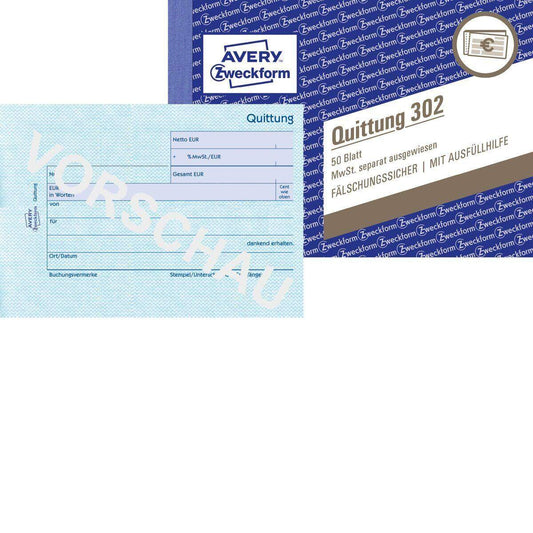 Avery Zweckform 302 Quittung MwSt. separat ausgewiesen, A6 quer, 50 Originale, 50 Blatt