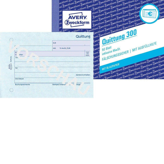 Avery Zweckform 300 Quittung inkl. MwSt., A6 quer, mit Blaupapier, 50 Blatt