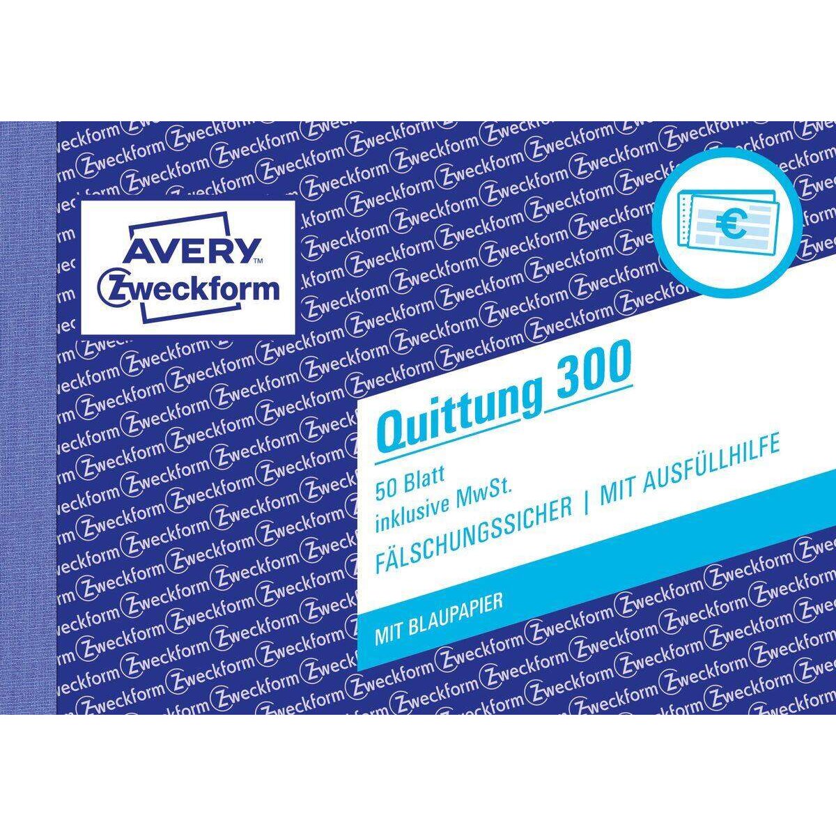 Avery Zweckform 300 Quittung inkl. MwSt., A6 quer, mit Blaupapier, 50 Blatt