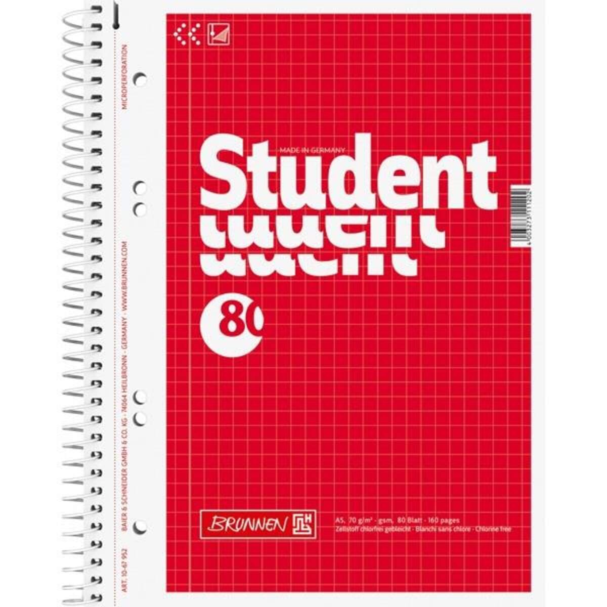 BRUNNEN Collegeblock Student, A5, 80 Blatt, gelocht, kariert