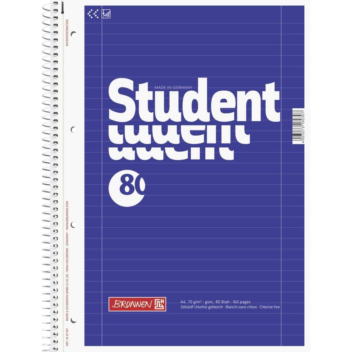 BRUNNEN Collegeblock Student blau, A4, 80 Blatt, gelocht, Lineatur 27