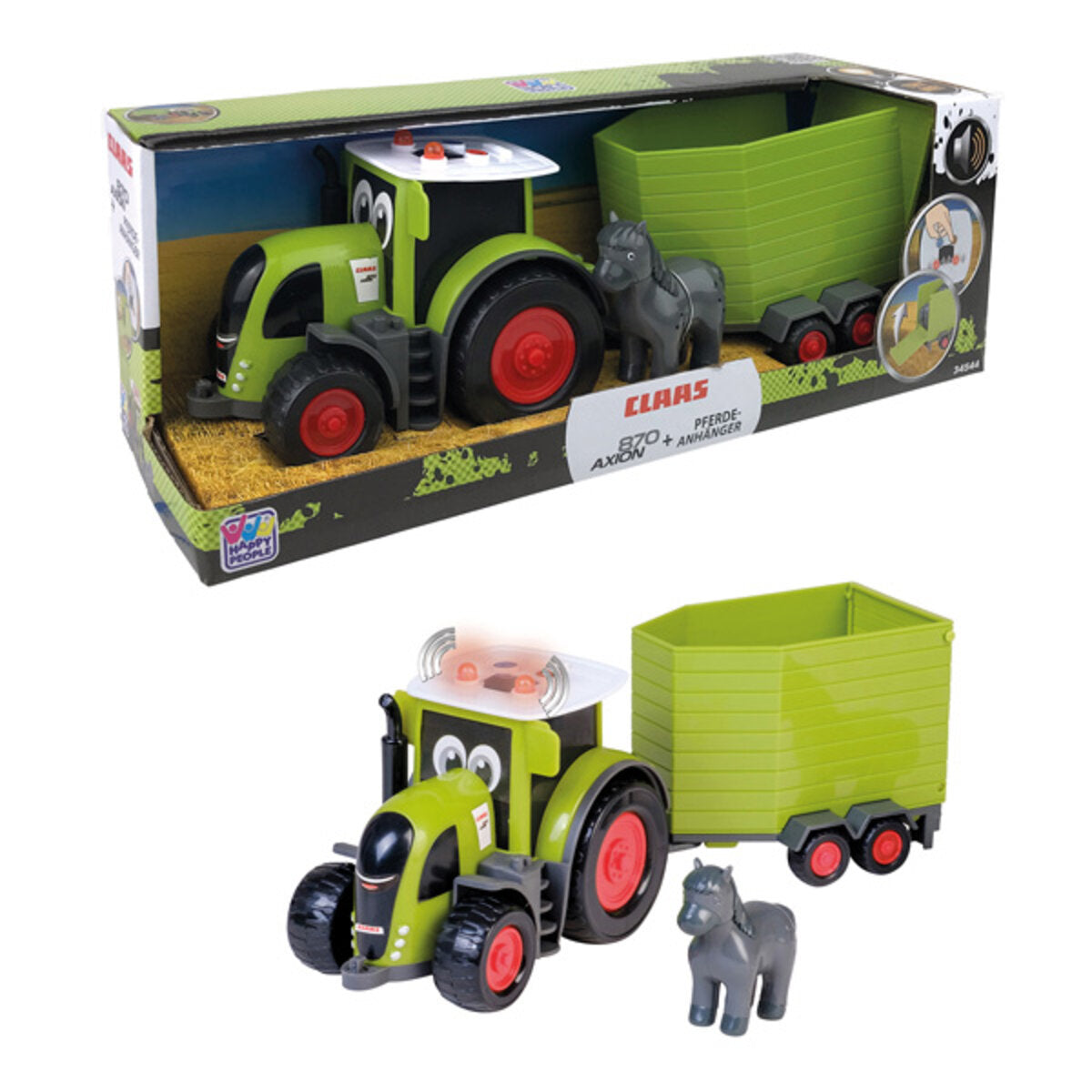 Happy People CLAAS KIDS AXION 870 Traktor + Pferdeanhänger + Pferd, 28 cm