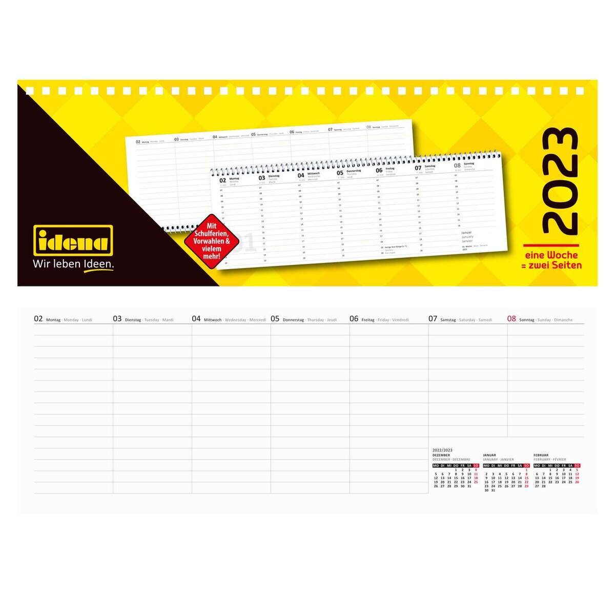 Idena Tischkalender 2023, FSC® Mix, 28,6 x 10,1 cm, 1 Woche auf 2 Seiten