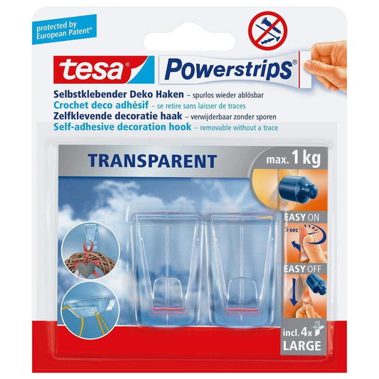 tesa Powerstrips transparent Deco-Haken XL, 2 Haken/4 Strips